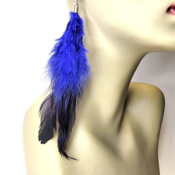Blue Feather Long Earrings - Picture 1 of 5